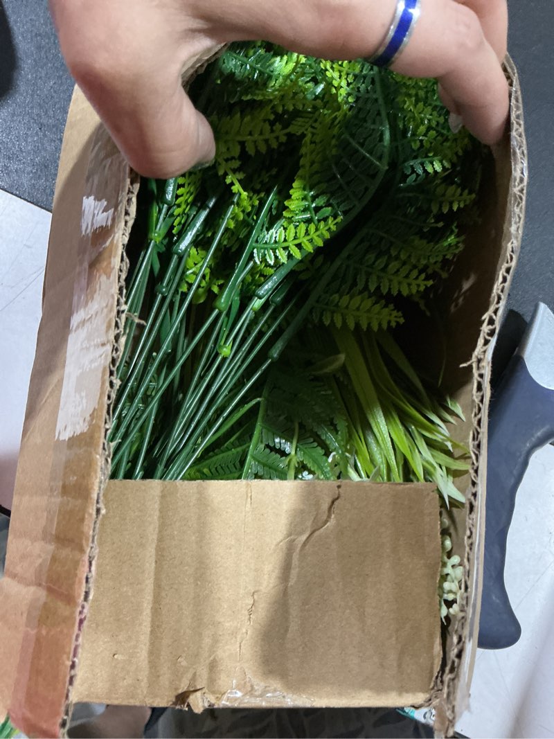 Condition photo showing Good Condition for turnmeon 12 bundles 4 styles fake plants artificial plants outdoor, uv resistant no fade fake flowers outdoor faux plants boston fern lavender plastic greenery shrubs for outside gardens home porch