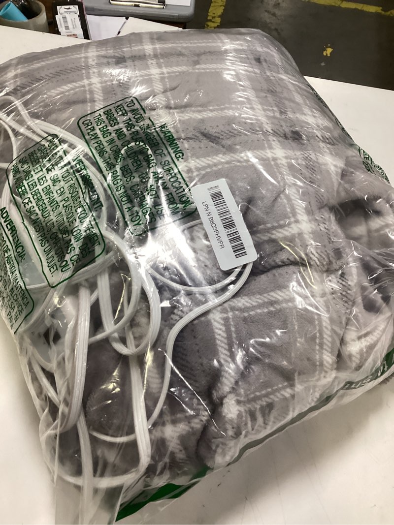 Condition photo showing As Is for Electric Blanket Heated Full Size-72" x 84" Heated Blanket with 8 Heat Levels & 10 Hours Auto Off, Fast Heating Sherpa Blankets with ETL & FCC Certification, Washable, Grey Plaid Grey White Full