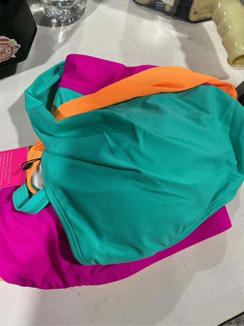 Condition photo showing As Is for tempt me plus size high waisted two piece swimsuit color block bikini set | removable padded cups for large bust, twist front design, color block style, adjustable straps 24 plus aqua orange pink