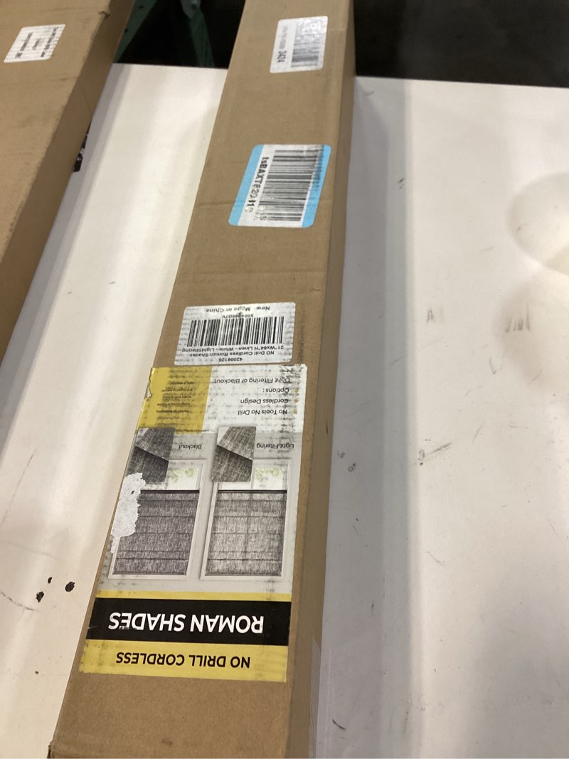 Condition photo showing New/Like New for no Drill Cordless Roman Shades for Windows, 20" W × 64" H - Light Filtering - Linen - White Light Filtering - Linen - White 20" W × 64" H