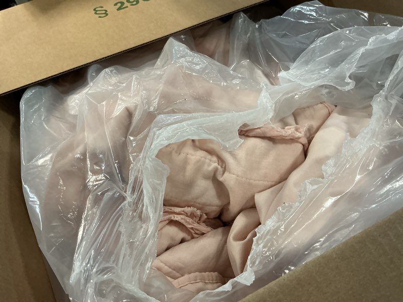 Condition photo showing As Is for lush décor belle 3 piece ruffled quilt - pink blush - full/queen quilt set