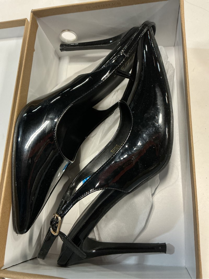 Condition photo showing As Is for Elisabet Tang Women's Elegant 4.1 in Pumps Sexy Closed Toe Stilettos Classic Pointed Toe Heels Adjustable Slingback Daily Party Work Shoes 11 Black Patent
