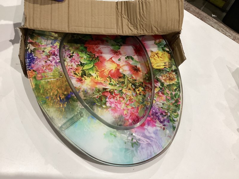 Condition photo showing Good Condition for Elongated Resin Toilet Seat Purple Bathroom Decor, Slow Quiet-Close Lid and Seat Heavy Duty for Standard Toilets, Easy Installation & Cleaning (19 Inch,Purple Petals,Upgraded hinge)