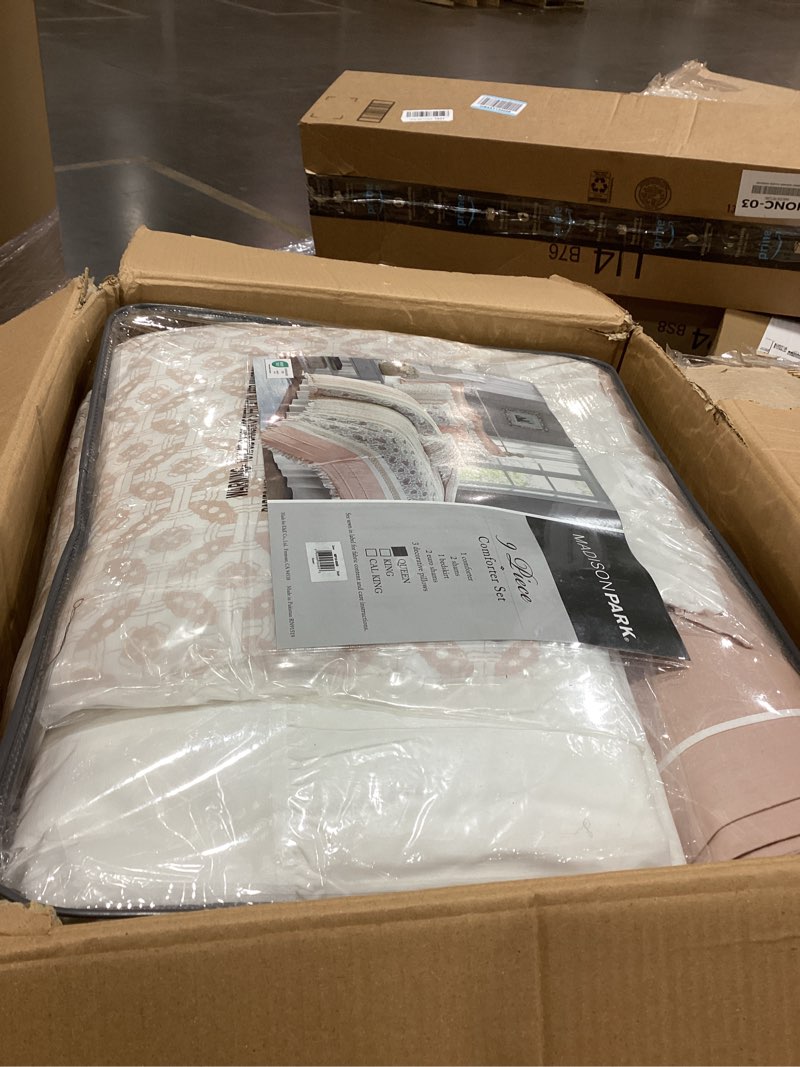 Condition photo showing Good Condition for Madison Park Dawn 100% Cotton Shabby Chic Comforter Set-Modern Cottage Design All Season Down Alternative Bedding, Matching Shams, Bedskirt, Decorative Pillows, Queen(90"x90"), Blush 9 Piece