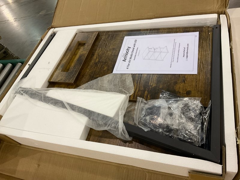 Condition photo showing item condition for Armocity 4-Tier AV Media Stand with Power Strips, Stereo Stand with LED Lights, Audio Tower Rack with Adjustable Shelves, Small Entertainment Center, 30'', Rustic Brown Rustic Brown 30" (H)