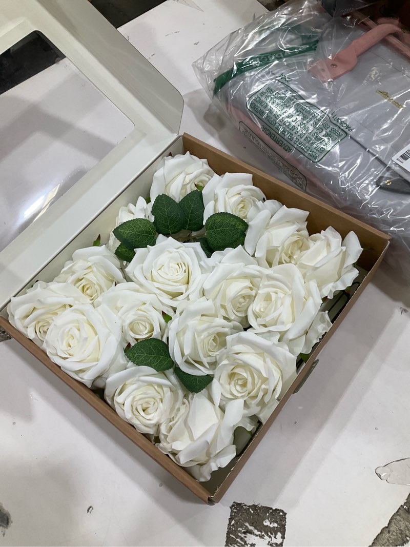 Condition photo showing Good Condition for ling's moment artificial flowers 16pcs ivory silk roses with stems, 3.5" fake vendela roses bulk for diy wedding bouquets centerpieces party baby shower home decoration