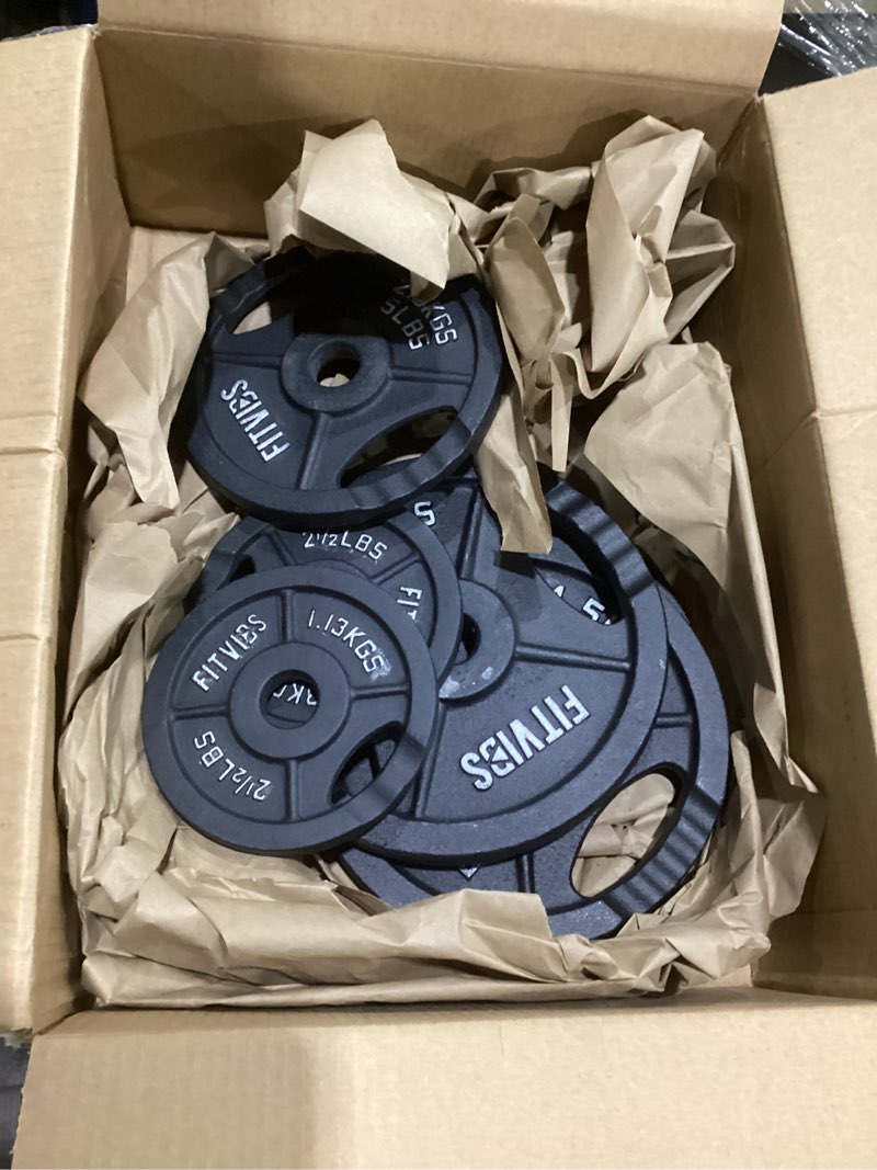 Condition photo showing As Is for missing plates fitvids standard cast iron 1-inch weight plates for strength