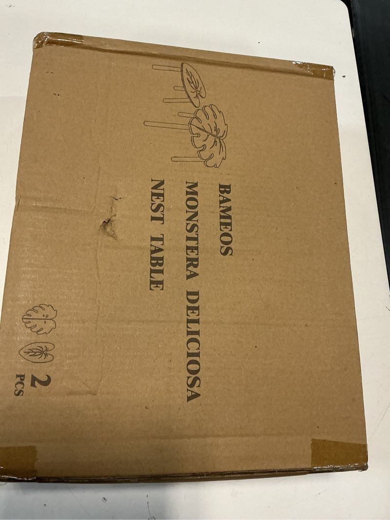 Condition photo showing New/Like New for BAMEOS Monstera Leaf Nesting Tables Set of 2, Small Coffee Table Set with Leaf Vein Pattern, Modern Wooden Side Tables for Living Room Bedroom Apartment Balcony Yard