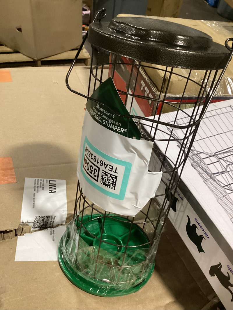 Condition photo showing As Is for perky-pet squirrel stumper wild bird 3 lb metal/plastic bird feeder 8 ports
