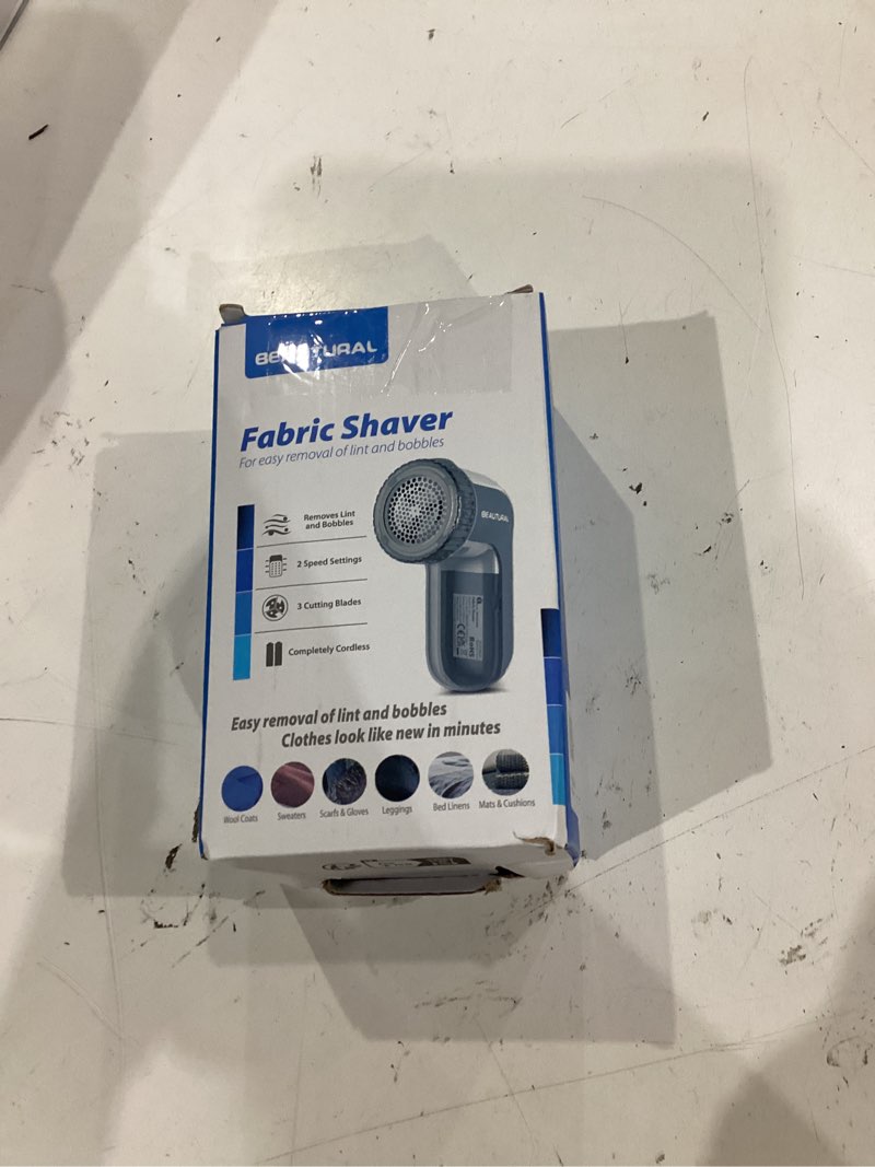 Condition photo showing New/Like New for beautural fabric shaver and lint remover, sweater defuzzer with 2-speeds, 2 replaceable stainless steel blades, battery operated, remove clothes fuzz, lint balls, pills, bobbles gray gray standard