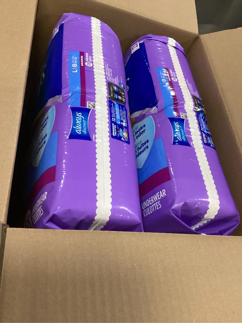 Condition photo showing New/Like New for always discreet adult incontinence underwear for women and postpartum underwear, large, up to 100% bladder leak protection, 76 count (2 packs of 38) large 76