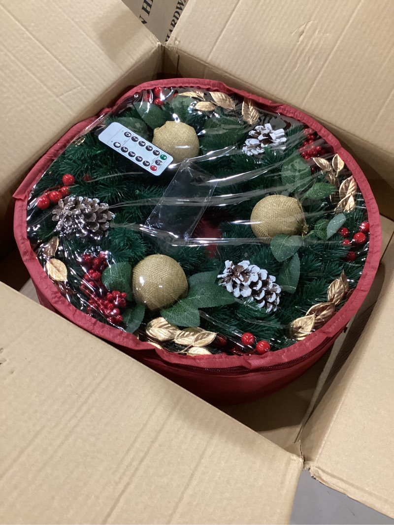 Condition photo showing Good Condition for christmas wreath with 40 led lights,18 inch pre-lit artificial christmas wreaths for front door with pinecones red berries ball ornaments, christmas decorations for indoor & outdoor use
