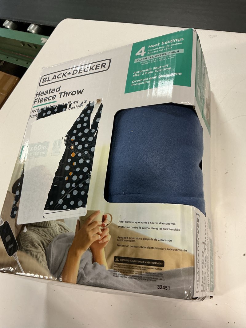 Condition photo showing Good Condition for black+decker heated blanket electric throw, fleece electric blanket, heating blanket with 4 heating levels, 3h timer, auto shutoff, fast heating (50x60 inches, navy) throw navy fleece