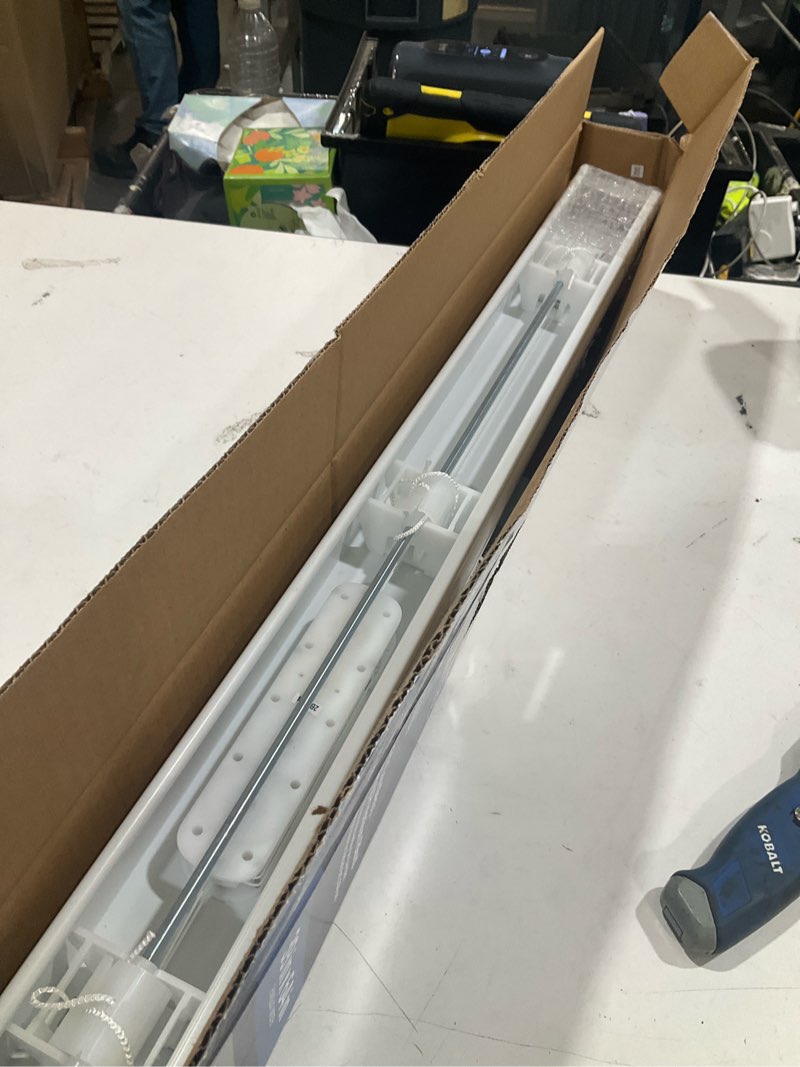 Condition photo showing As Is for project source premium 2-in slat width 39-in x 64-in cordless white vinyl room darkening horizontal blinds