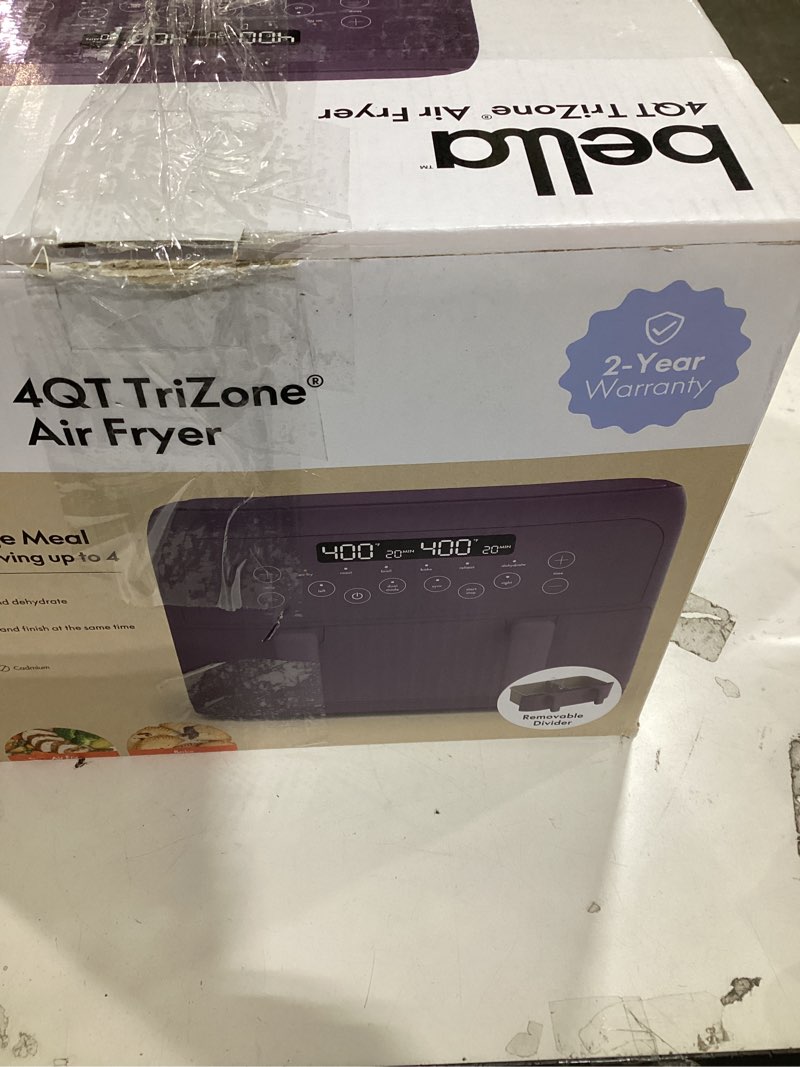 Condition photo showing Good Condition for bella 4 Qt TriZone Air Fryer, EverGood™ Ceramic Nonstick Coating, Dual Basket Design w Removable Divider, Digital Touchscreen Control w 6 Preset Cooking Options, 1200 Watt, 3lb Capacity, Plum