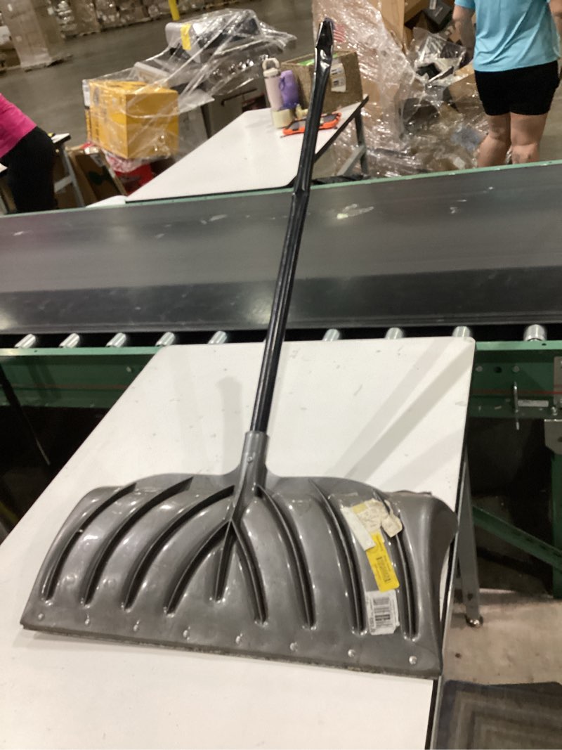 Condition photo showing As Is for 52 in. steel handle plastic snow shovel