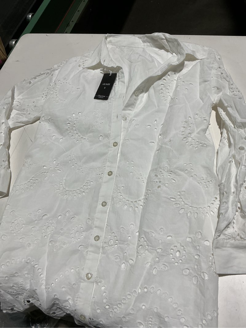 Condition photo showing Good Condition for chartou women eyelet lace dress button down shirt loose fit summer casual mini dress small white