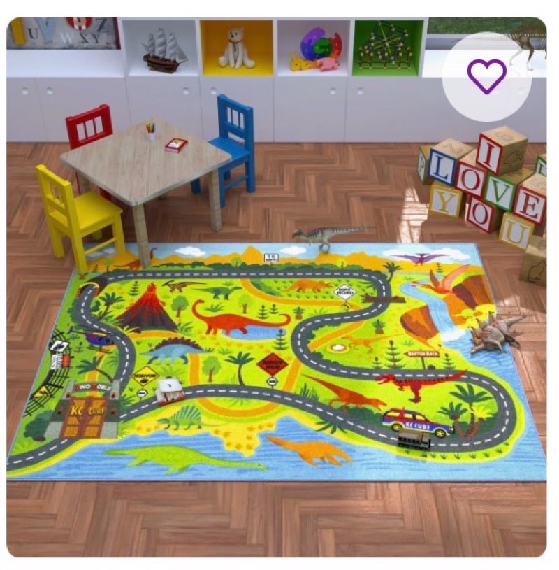 Dinosaur Car Kids Playmat Rug Educational for Kids Road and Traffic Carpet Classroom Playroom Mat