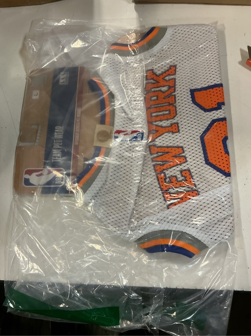 Condition photo showing Good Condition for pets first official nba new york knicks road jersey for dogs & cats in team color. comfortable stretchable material, size medium - stylish dog basketball jersey for your furry fan new york knicks large