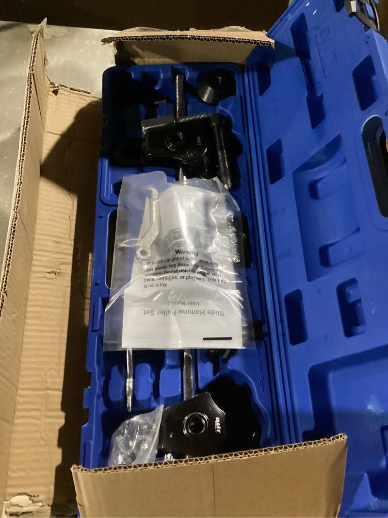 Condition photo showing As Is for orion motor tech 9-way slide hammer puller set, front wheel hub bearing remover & rear wheel axle hub dent shaft puller tool kit blue case
