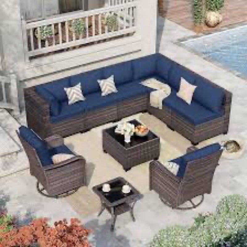Silver Rattan Navy Blue Cushion Outdoor Seating Group-Two Single Armchairs(incomplete only 1 box) 