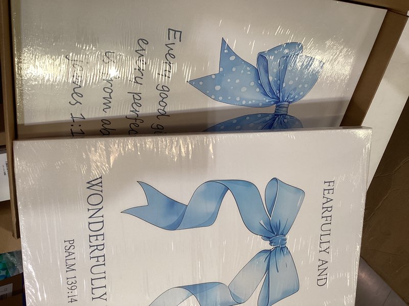 Condition photo showing New/Like New for light blue bow christian wall art for girls dorm – coquette aesthetic scripture canvas prints, christian wall decor for teen room, or bathroom – framed cute spiritual decor 16x24 inch blue wrapped canvas 24"l x 16"w