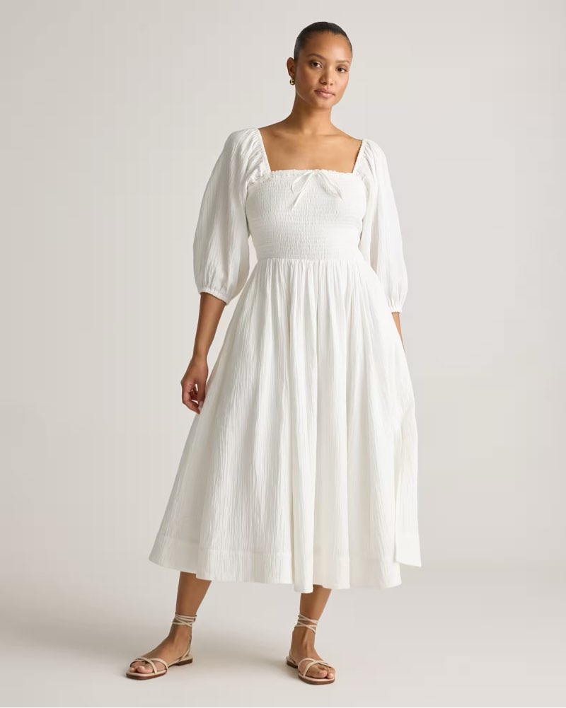 Quince, 100% Organic Cotton Gauze Smocked Square Neck Midi Dress M/white