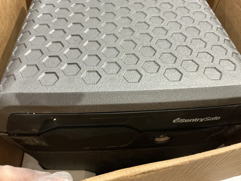 Condition photo showing As Is for sentrysafe charcoal gray waterproof and fireproof safe, lock box with keypad for documents and hanging file folders, exterior: 14.1 x 16.6 x 13.8 inches, ?fhw40300 digital keypad lock