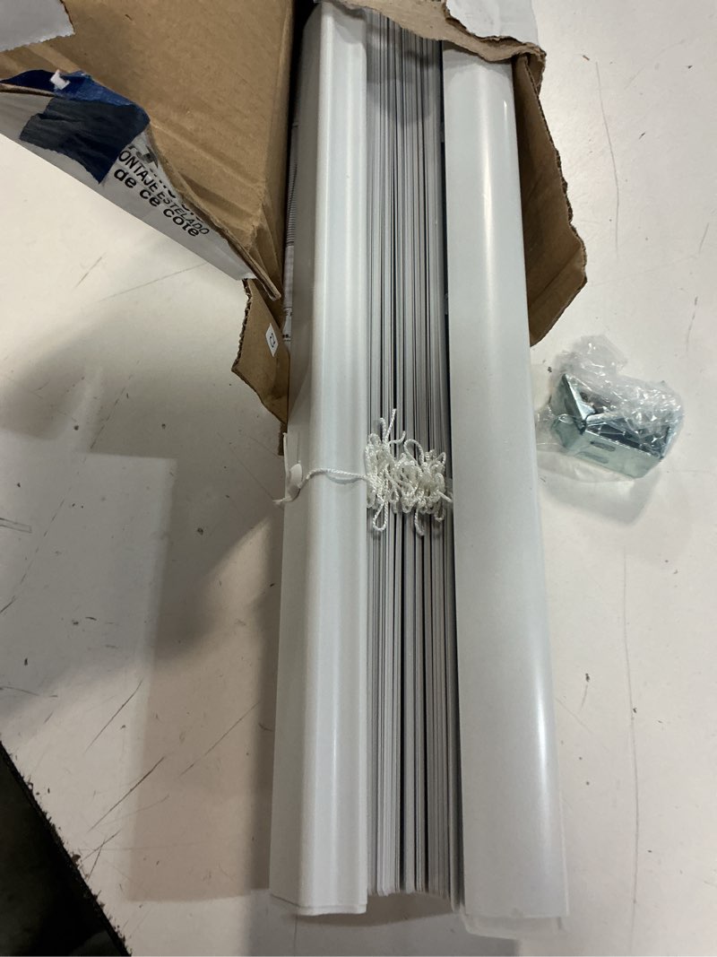 Condition photo showing As Is for project source light filtering 1-in slat width 30-in x 64-in cordless white vinyl light filtering mini-blinds