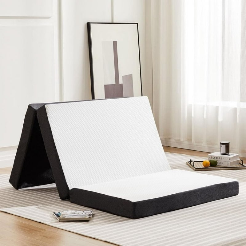 folding mattress 4 inch tri folding memory foam mattress, portable trifold mattress topper with breathable cover, foldable floor mattress guest bed for camping, travel, twin