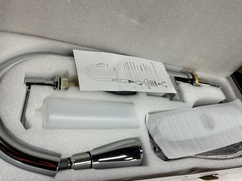 Condition photo showing New/Like New for Keer Polished Chrome Single Handle Pull Down Kitchen Faucet with Soap Dispenser, 3 Modes Sprayer, Easy Assembly, Single Handle High Arc Stainless Steel Faucet Standard Polished Chrome