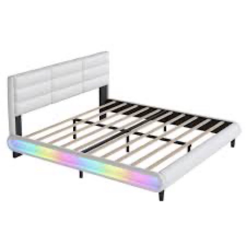 King Size Upholstered Platform Bed with LED Light Strips,White (incomplete box 2 of 2)
