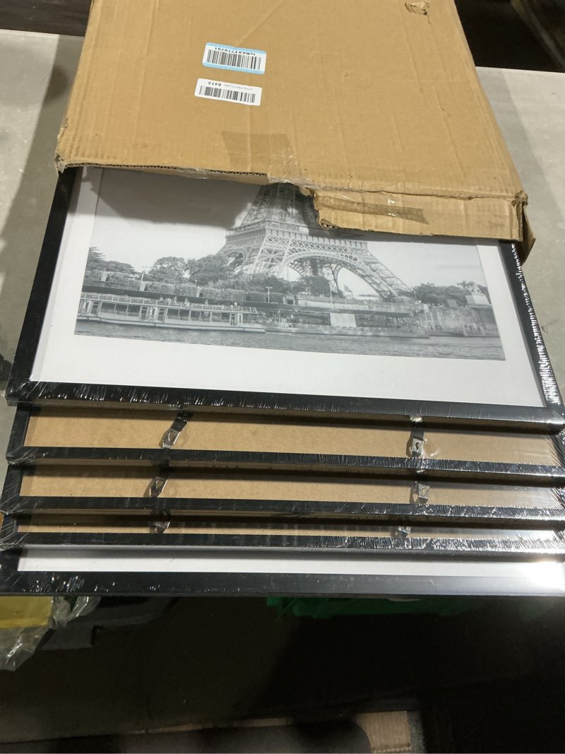 Condition photo showing Good Condition for upsimples 18x24 picture frame set of 5, display pictures 16x20 with mat or 18 x 24 without, wall gallery poster frames, black black 18x24
