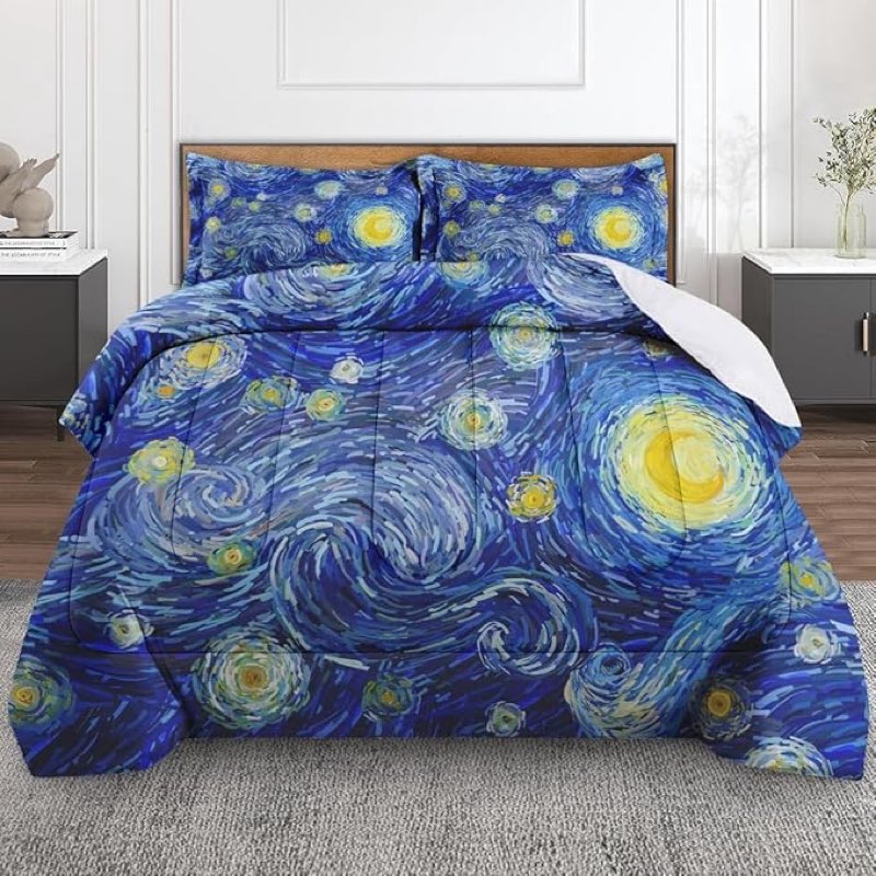 Culudea Moon Blue Van Gogh Comforter Set Queen Size Starry Summer Vintage Includes Comforter & Pillowcase Bedding for All Seasons Kids and Adults Bedroom Bed Decor