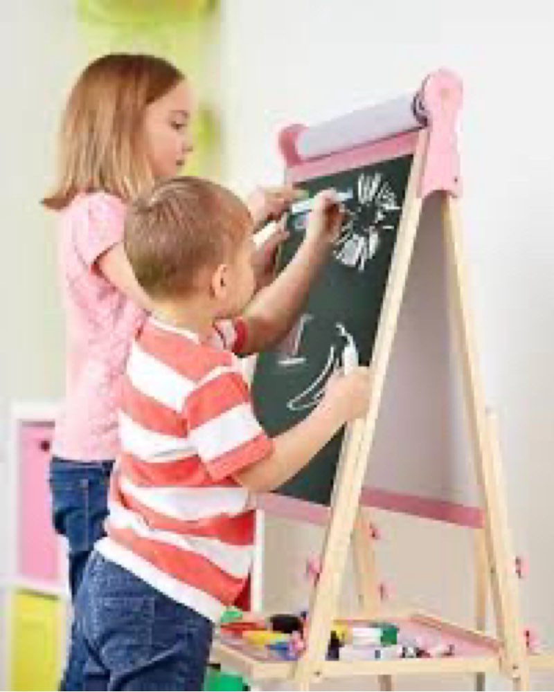 YOHOOLYO Kids Easel Wooden Children Art Easel Paper Roll,Double Sided Magnetic Whiteboard Chalkboard