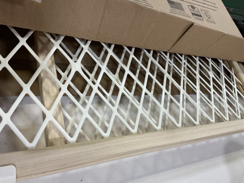 Condition photo showing Good Condition for Toddleroo by North States Diamond Mesh Wooden Baby Gate: 26.5"- 42" Wide. Pressure Mounted Baby Gate for Doorway. (23" Tall, Sustainable Hardwood)