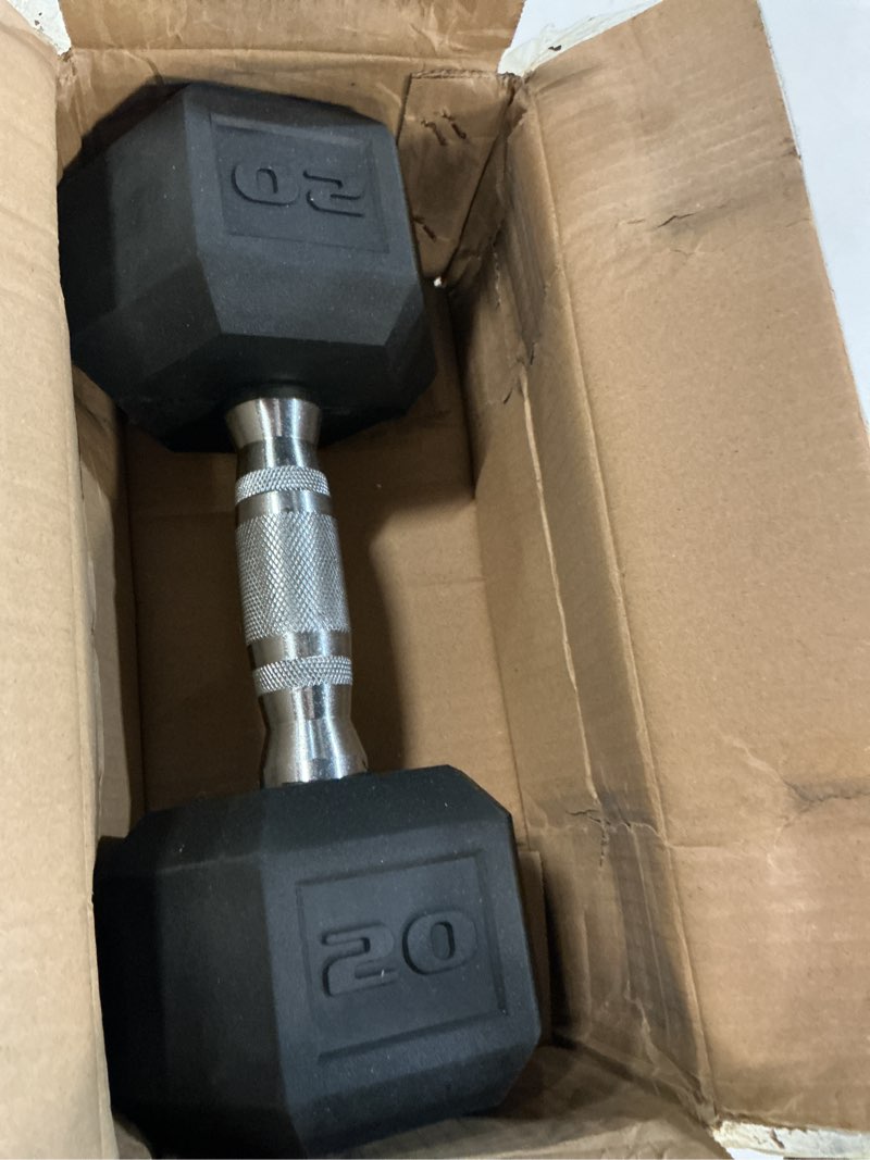 Condition photo showing New/Like New for cap rubber coated dumbbell weights, free weights for home gym strength training, anti-roll hex dumbbells with black, chrome & comfort grip handles, singles chrome handle 20 lb