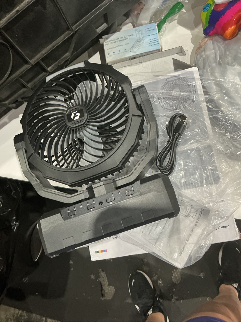 Condition photo showing As Is for frizcol 3-in-1 camping fan - portable fans rechargeable - 48000mah battery powered fan with light & remote for indoor, outdoor, tent, travel, fishing, jobsite, gifts for men dad him - black 48000mah internal black