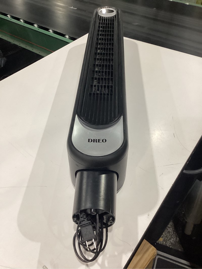 Condition photo showing As Is for **missing base**  dreo tower fan for bedroom, 28 ft/s, 20db quiet oscillating bladeless fan with remote, 9 speeds, 4 modes, 12h timer, led display, standing floor fan powerful for indoor home office room, 42 inch black