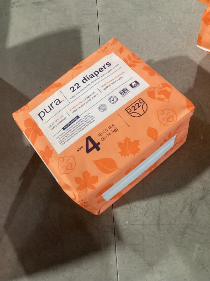 Condition photo showing New/Like New for pura size 4 eco-friendly diapers (18-31lbs) totally chlorine free (tcf) hypoallergenic, soft organic cotton, sustainable comfort, up to 12 hours leak protection, allergy uk, 22 diapers (pack of 1) size 4 (22 diapers)