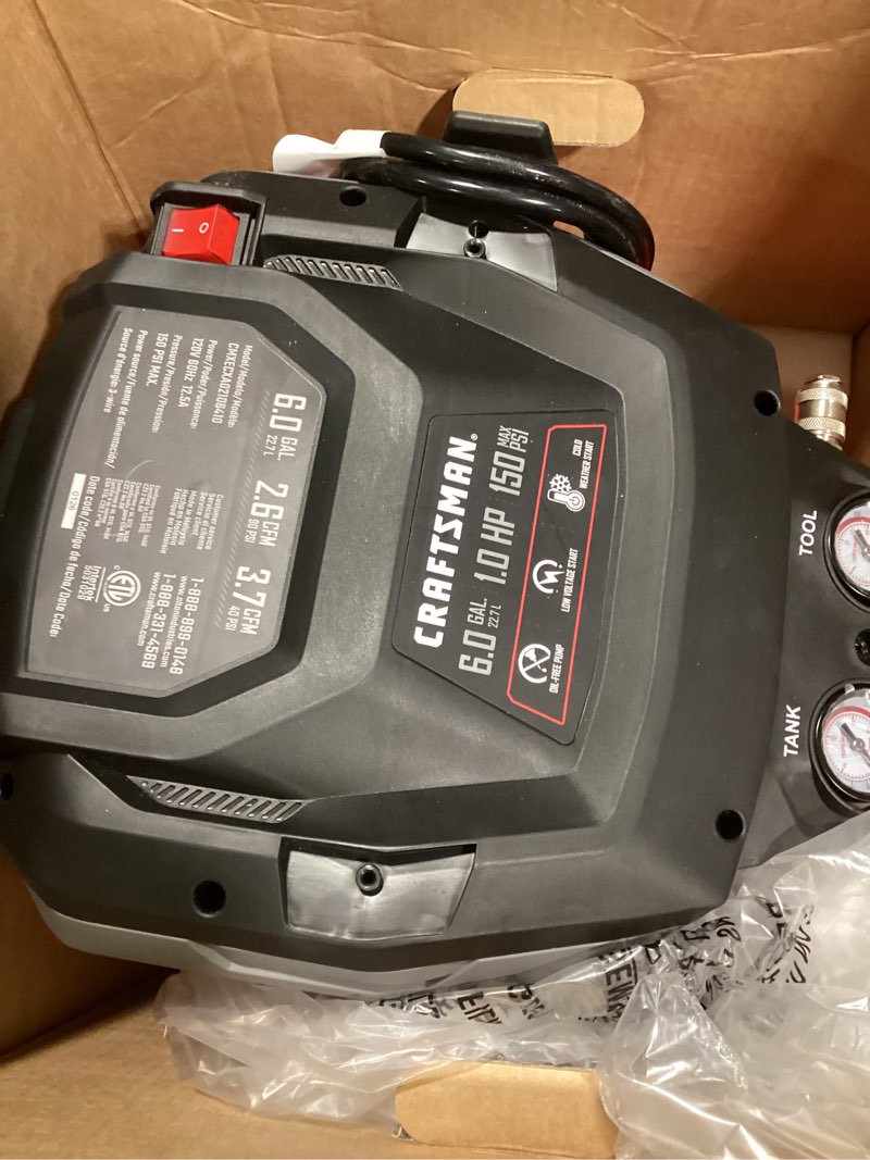 Condition photo showing As Is for craftsman 6-gallon portable electric 150 psi pancake air compressor