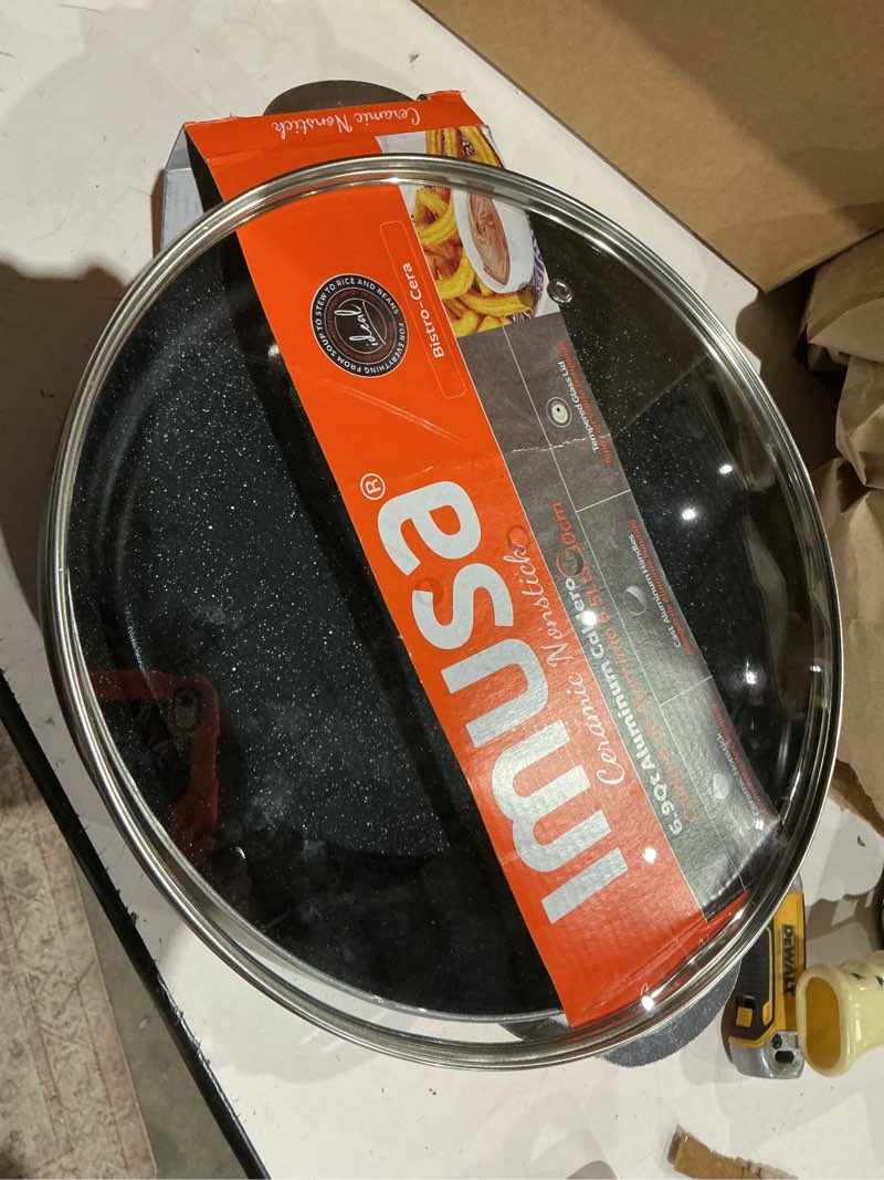 Condition photo showing As Is for imusa 6.9qt bistro-cera aluminum speckled black ceramic caldero with glass lid, nonstick dutch oven pot for rice, family meals, and traditional cooking, black 6.9 quarts bistro