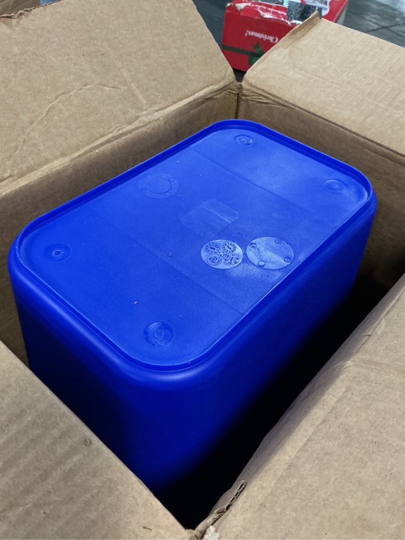 Condition photo showing As Is for amazon basics rectangular commercial office recycling wastebasket with recycle logo, easy to clean, 7 gallon, blue, pack of 2