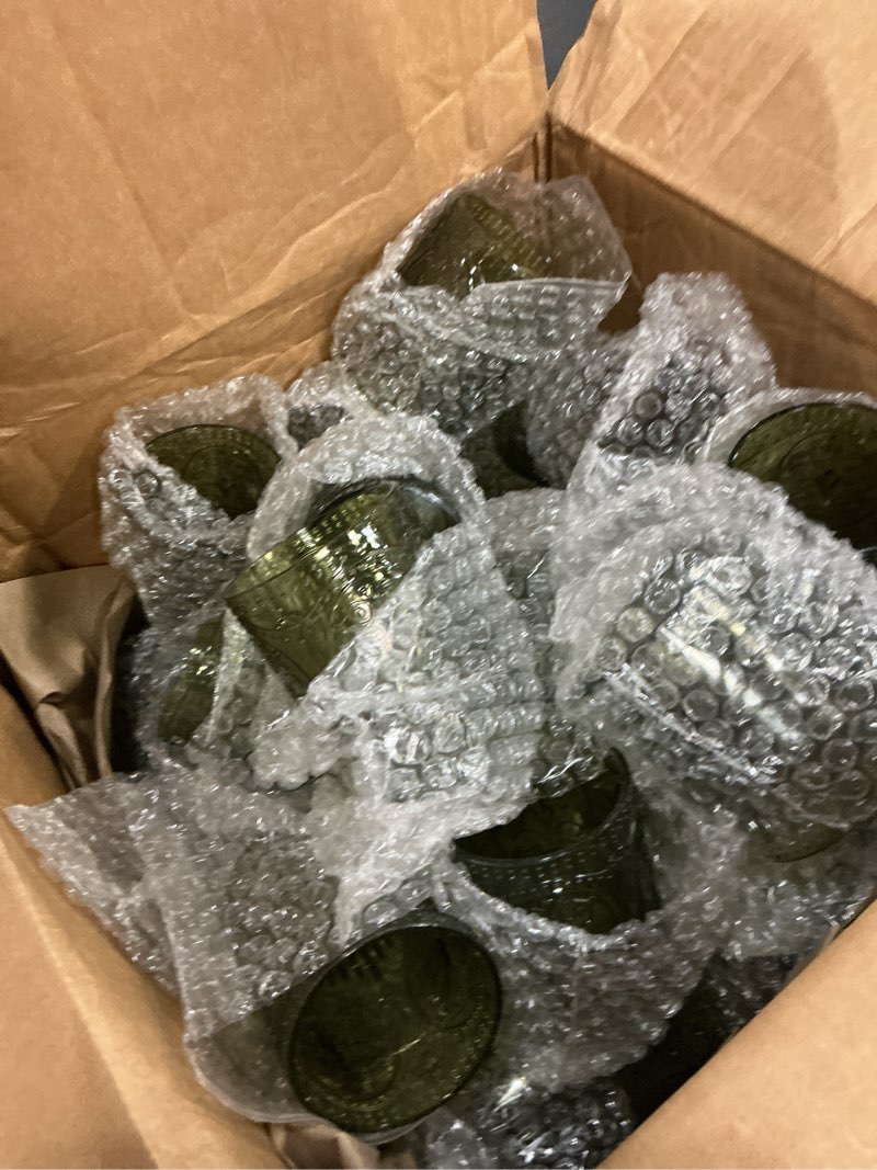Condition photo showing Good Condition for 24 plastic vintage drinking glasses 8.5oz stemless retro embossed wine glasses shatterproof reusable cups for baby shower wedding reception grand event party (dark green) dark green 24