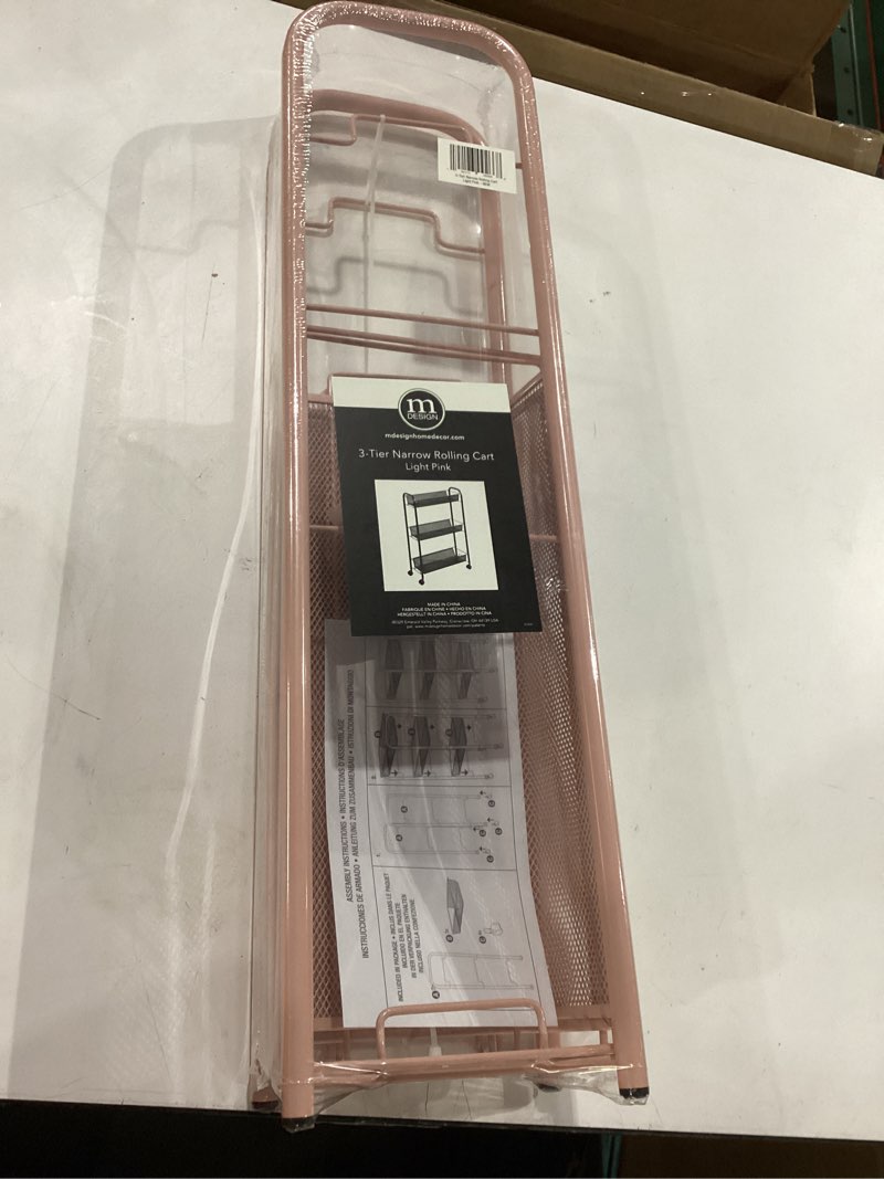 Condition photo showing New/Like New for mDesign Steel Rolling Utility Cart Storage Organizer Trolley with 3 Basket Shelves for Laundry Room, Mudroom, Garage, Bathroom Organization - Holds Detergents, Hand Soap - Biro Collection, Light Pink Blush Pink