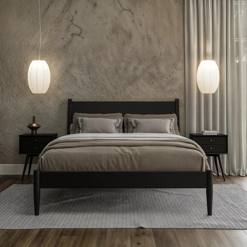 Camaflexi Mid-Century Black Solid Wood Frame Queen Panel Platform bed (incomplete box 2/2)