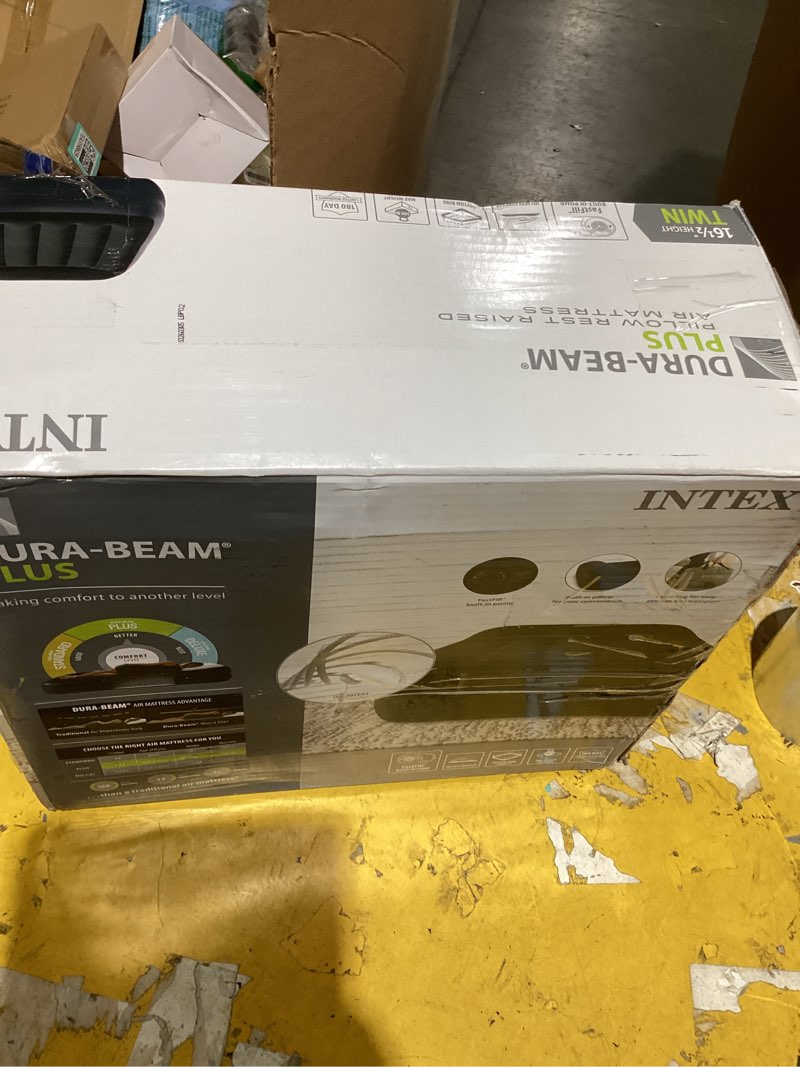Condition photo showing As Is for intex raised airbed mattress with built-in pump, dura-beam plus pillow, twin - portable inflatable luxury blow-up bed for adults, camping, guests