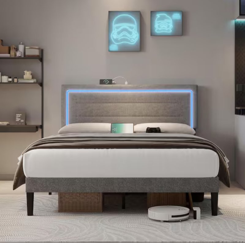 Gray Metal Frame Queen Platform Bed with LED Lights, Charging Station, No Box Spring Needed, Noise Free, Easy Assembly
