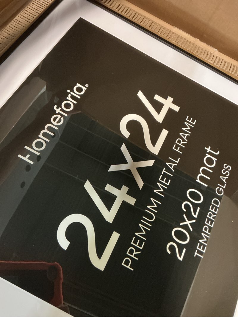 Condition photo showing Good Condition for homeforia 24x24 picture frame black, high end metal 24 x 24 large square poster frame matted to 20 x 20 in photo, 24by24 thin black frames with mat 20x20 inch print, tempered glass, wall kit, set of 1