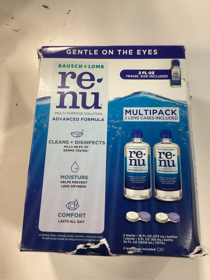 Condition photo showing New/Like New for renu contact lens solution, advanced formula, multi-purpose solution with lens case, gently cleans, disinfects, moisturizes & hydrates soft lenses, 16 fl oz (pack of 2) + travel size 2 fl oz